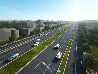 Wide Multi lane Urban Road Infrastructure With Street Lights Green Belts And Vehicles Driving 3d model