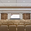 Modern Large Conference Room With Tiered Seating Wooden Walls Podium And Carpeted Floor