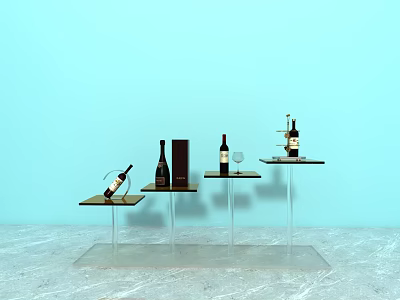 Minimalist Display Shelves With Wine Bottles Wine Glasses And Black Boxes On Acrylic Stands 3d model