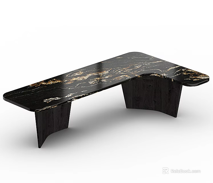 Modern Dining Table With Black And Gold Marble Tabletop And Unique Dark Base 3d model 