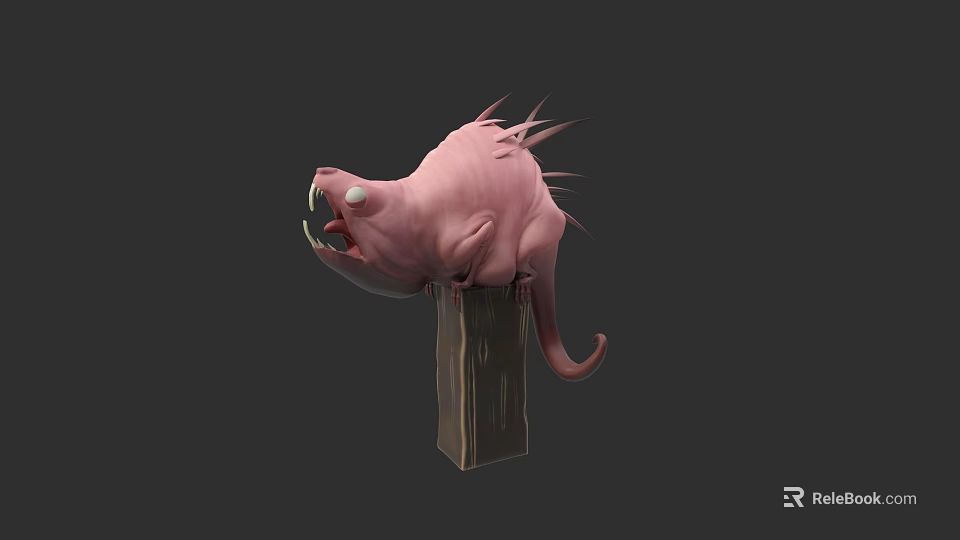 Pink Spiky Creature Perched On Wooden Post With Open Mouth And Tail 3d model 