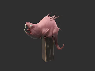Pink Spiky Creature Perched On Wooden Post With Open Mouth And Tail 3d model