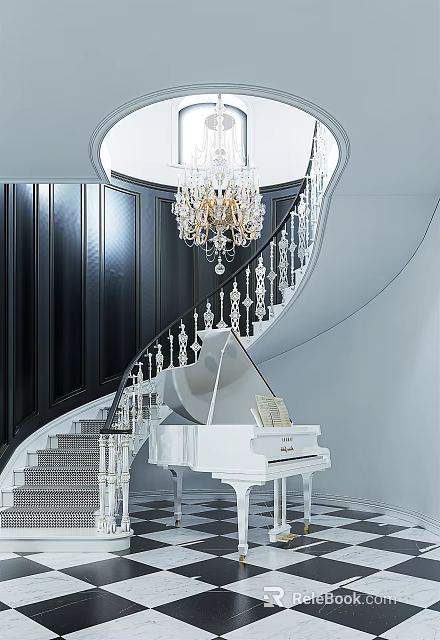 Luxurious Interior With Spiral Staircase Crystal Chandelier White Piano And Black Paneled Walls 3d model 