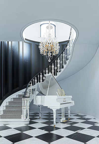 Luxurious Interior With Spiral Staircase Crystal Chandelier White Piano And Black Paneled Walls 3d model