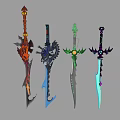 Four Colorful Fantasy Swords With Unique Decorative Designs And Magical Elements 3d model