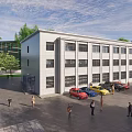 Modern White Office Building With Multiple Windows Parking Lot Green Lawn And Pedestrians