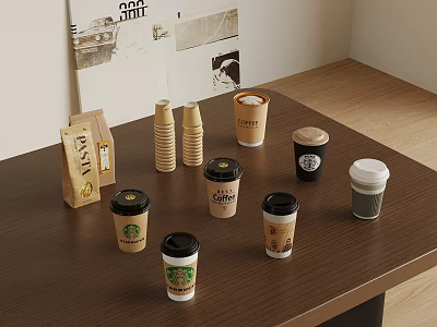 Multiple Coffee Cups With Lids From Various Brands On Wooden Table With Pasta Bag And Wall Prints 3d model