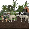 Farm Animals Including Horses Donkeys Sheep Dogs Pig Near Palm Trees Green Plants Purple Flowers
