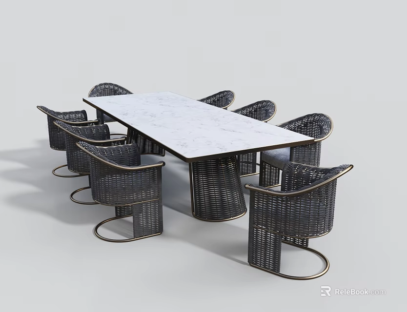 Elegant Modern Dining Table Set With White Marble Tabletop And Rattan Chairs 3d model