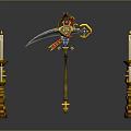 Ornate Decorative Weapon With Intricate Design Surrounded by Tall Candle Holders and Lit Candles