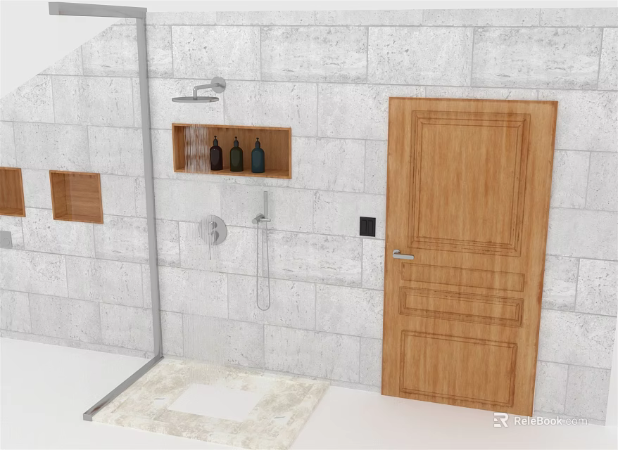 Wooden Swing Door in Modern Bathroom with Gray Stone Wall and Shower Shelf with Toiletries 3d model 