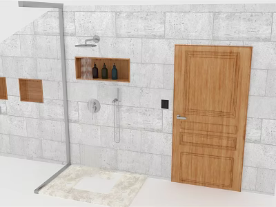 Wooden Swing Door in Modern Bathroom with Gray Stone Wall and Shower Shelf with Toiletries 3d model
