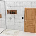 Wooden Swing Door in Modern Bathroom with Gray Stone Wall and Shower Shelf with Toiletries