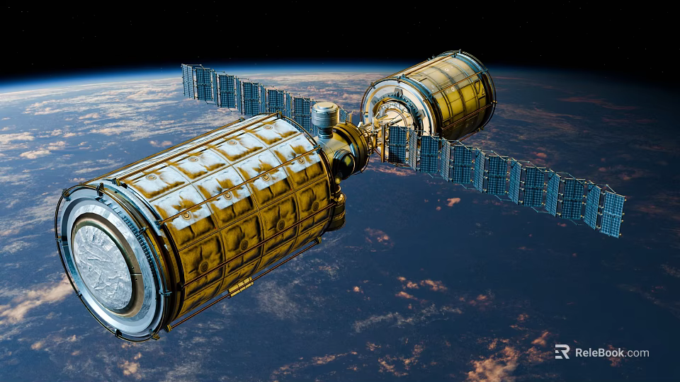 Space Station Module With Golden Exterior And Solar Panels Orbiting Earth 3d model 