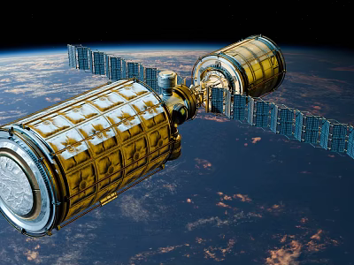 Space Station Module With Golden Exterior And Solar Panels Orbiting Earth 3d model