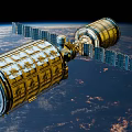 Space Station Module With Golden Exterior And Solar Panels Orbiting Earth