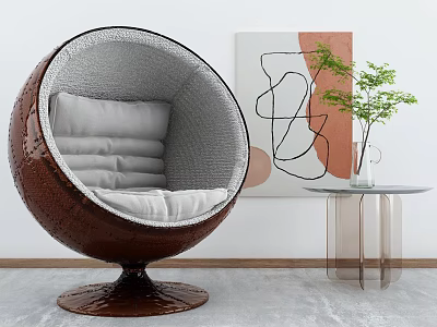 Brown Spherical Leisure Chair With Gray Cushion Near Clear Table Green Plant And Abstract Art 3d model