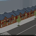Traditional Commercial Street Featuring Wooden Storefronts Black Roofs Decorative Lights And Trees