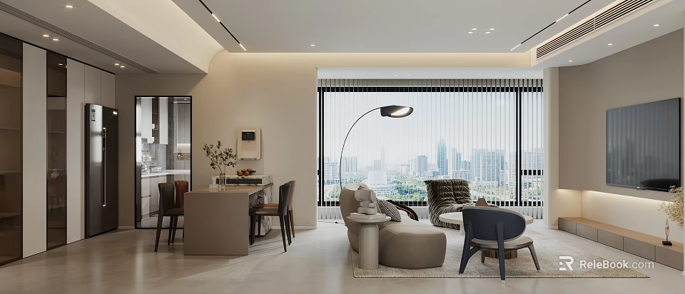 Modern Living Dining Room Interior With Sofa Dining Table Floor Lamp And City View Windows 3d model 