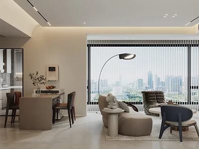 Modern Living Dining Room Interior With Sofa Dining Table Floor Lamp And City View Windows 3d model