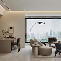 Modern Living Dining Room Interior With Sofa Dining Table Floor Lamp And City View Windows