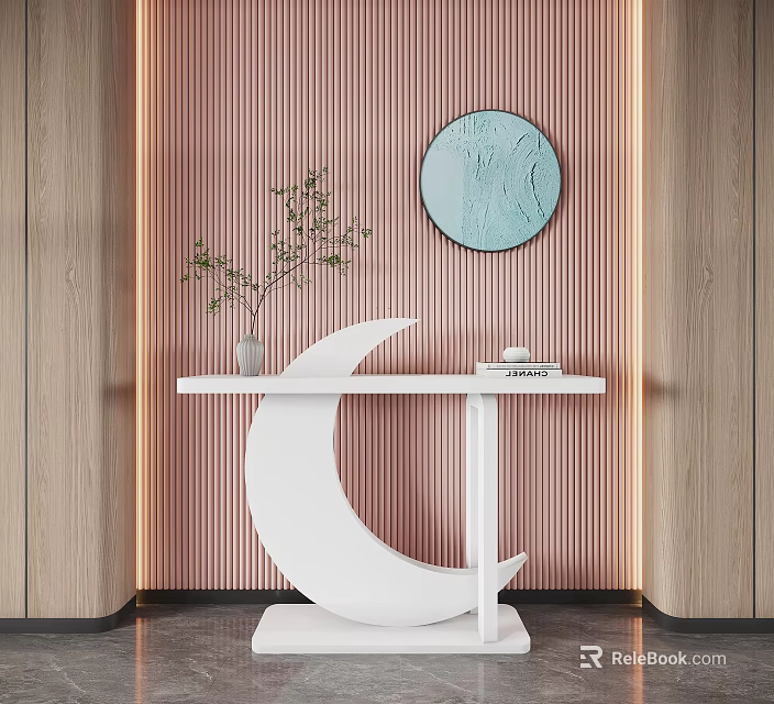 Modern Console Table Interior With Pink Striped Wall And Round Decorative Mirror 3d model