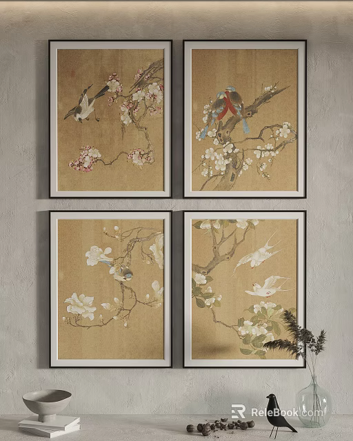 Traditional Animal Paintings Featuring Birds Plum Blossoms And Magnolia Branches 3d model 