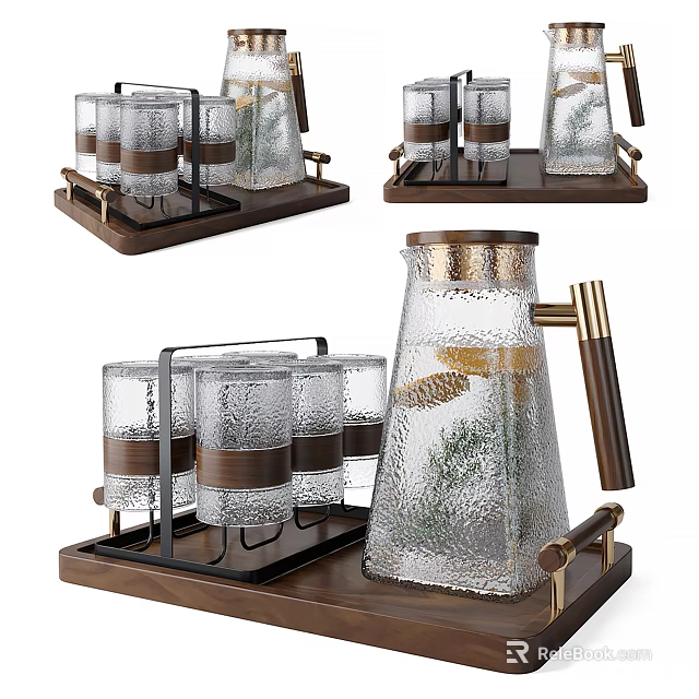Textured Glass Drinkware Set With Wooden Tray And Metal Rack 3d model 