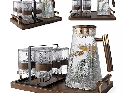 Textured Glass Drinkware Set With Wooden Tray And Metal Rack 3d model