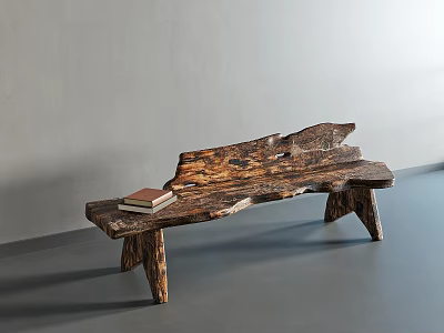 Rustic Wood Shoe Bench With Natural Grain Knots Book On Top Gray Wall Floor Background 3d model