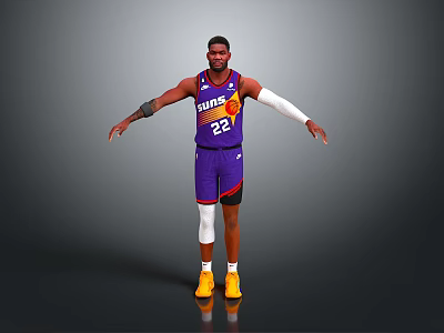 Man in Purple Basketball Jersey Number 22 with Arm Sleeves Knee Pads and Yellow Shoes 3d model