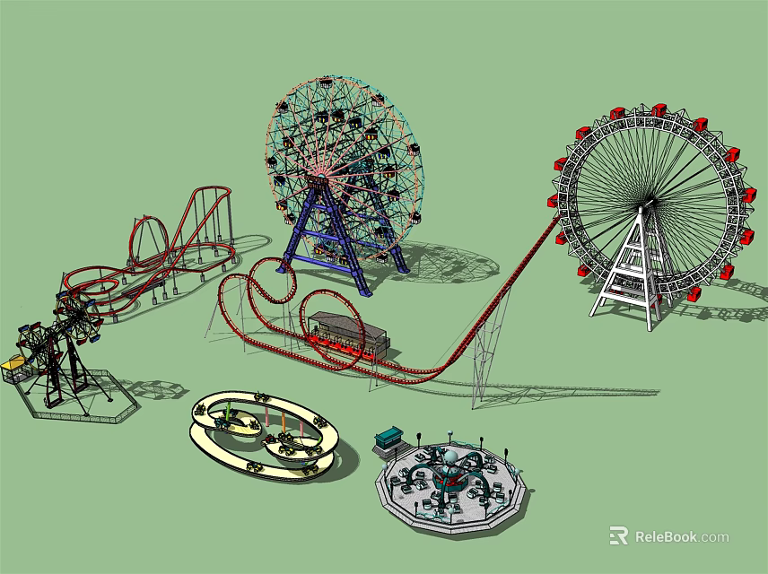 Fun Amusement Park Rides Including Ferris Wheel Roller Coaster Carousel And Spinning Attractions 3d model 