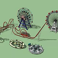 Fun Amusement Park Rides Including Ferris Wheel Roller Coaster Carousel And Spinning Attractions