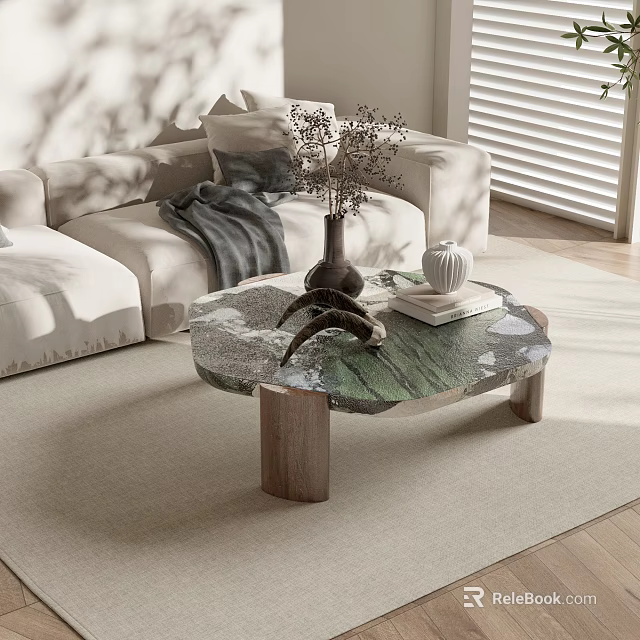 Elegant Modern Coffee Table With Natural Marble Top Wooden Legs Dried Flowers And Books 3d model 