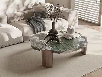 Elegant Modern Coffee Table With Natural Marble Top Wooden Legs Dried Flowers And Books 3d model