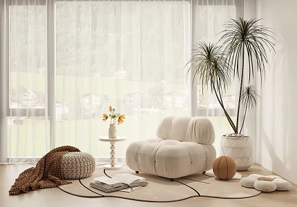 Cream Style Casual Chair Lazy Sofa Side Several Potted Low Stool 3d model