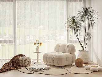 Cream Style Casual Chair Lazy Sofa Side Several Potted Low Stool 3d model