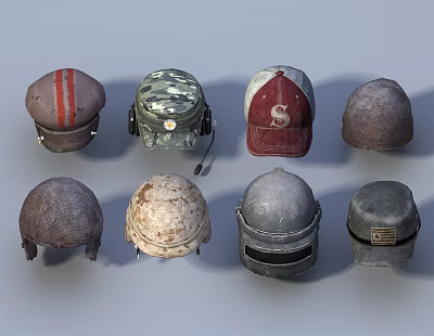 Different Styles of Hats Including Camouflage Striped Worn Vintage and Helmet Designs 3d model