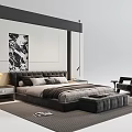 Modern Bedroom Double Bed with Nightstand Table Lamp Chair Ottoman and Wall Art