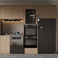 Modern Open Kitchen Interior With Wooden Cabinets And Black Appliances