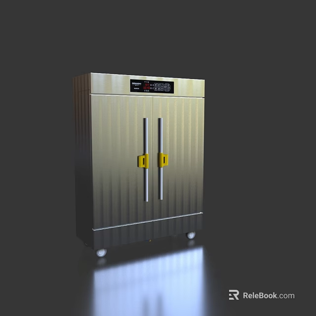 Stainless Steel Double Door Kitchen Appliance With Yellow Handles Digital Display And Wheels 3d model 