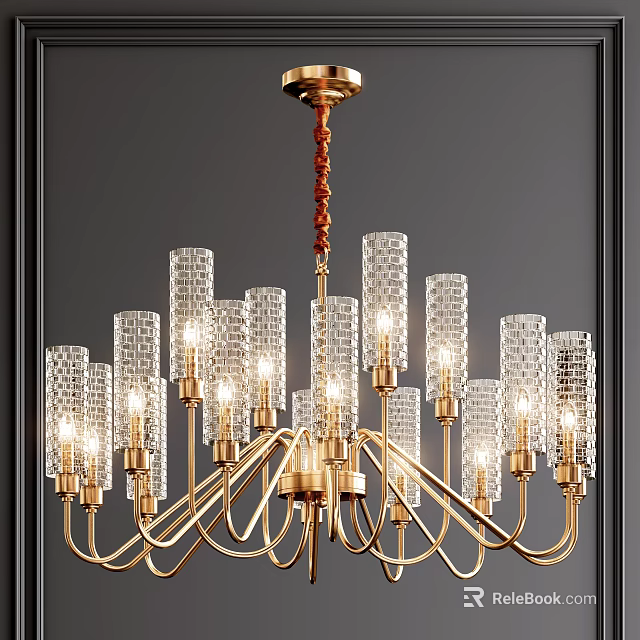 Elegant Modern Crystal Chandelier With Gold Metal Frame And Transparent Cylinder Shades Lit 3d model 