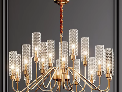 Elegant Modern Crystal Chandelier With Gold Metal Frame And Transparent Cylinder Shades Lit 3d model