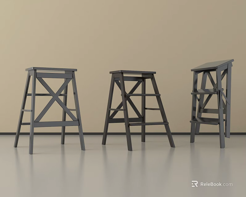 Three Gray Modern Stools With X Shaped Legs In Minimalist Space 3d model