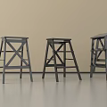 Three Gray Modern Stools With X Shaped Legs In Minimalist Space 3d model