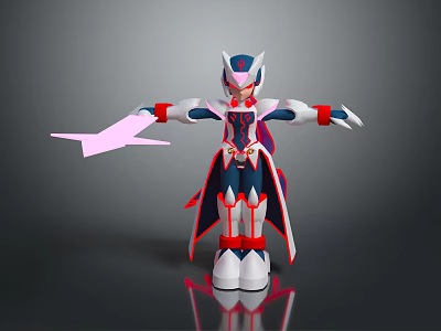 Robot Character With Helmet Cape White Red Blue Outstretched Arms And Pink Object 3d model