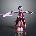 Robot Character With Helmet Cape White Red Blue Outstretched Arms And Pink Object