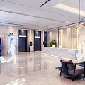 Modern Luxury Hotel Lobby With Marble Front Desk Hanging Chandelier Sofa Floor to Ceiling Windows and Green Plants