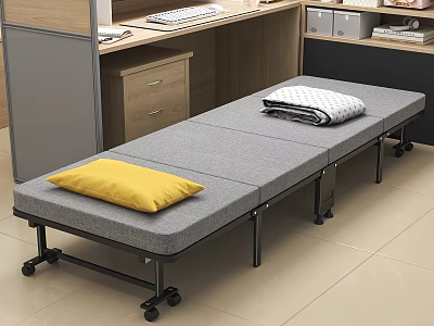 Gray Folding Bed With Yellow Pillow Striped Blanket And Wheels For Office Space Saving 3d model