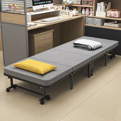 Gray Folding Bed With Yellow Pillow Striped Blanket And Wheels For Office Space Saving 3d model